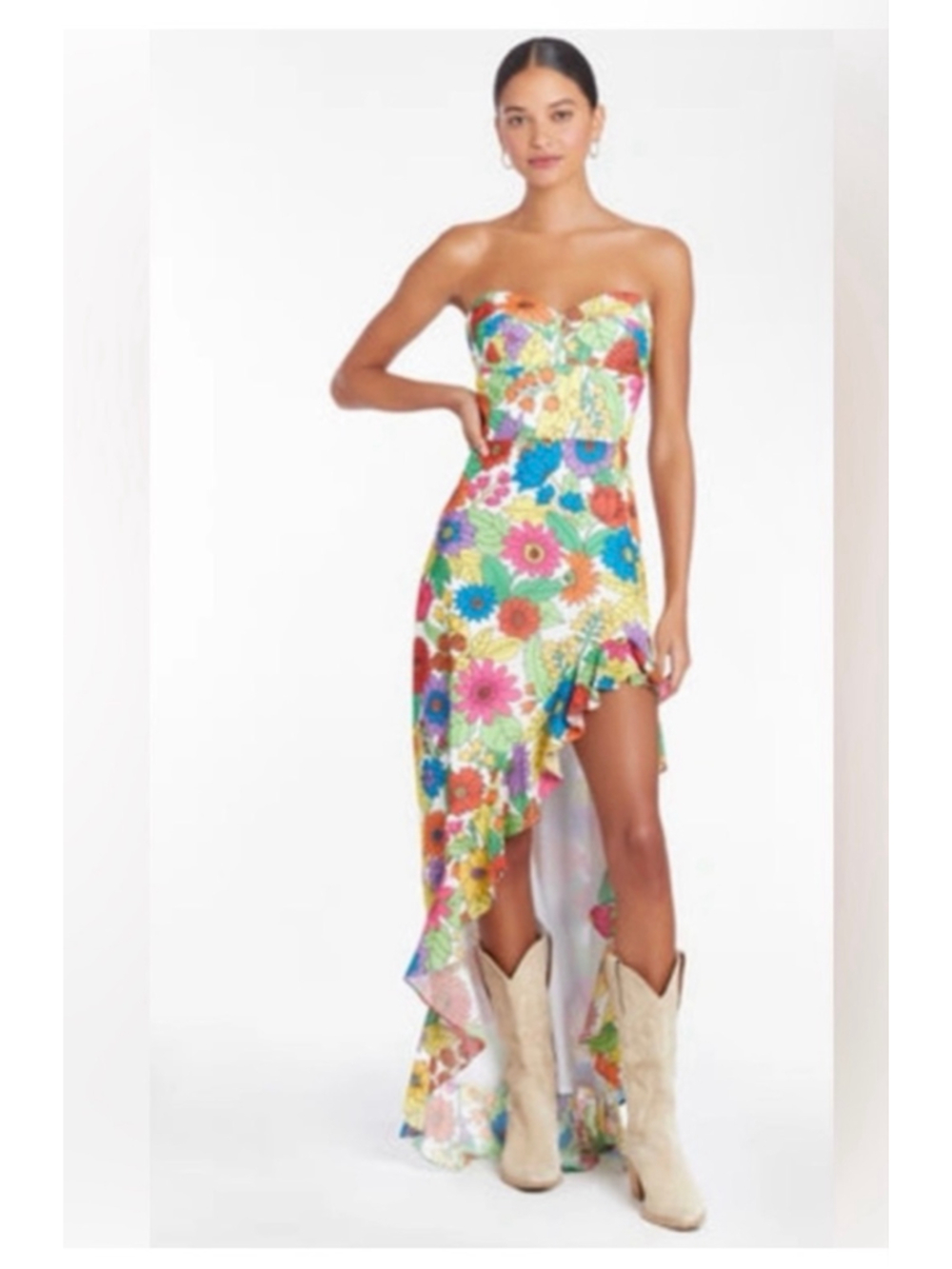 Women's Amanda Uprichard High Low Dress S White Multi-color Floral - Picture 3 of 6
